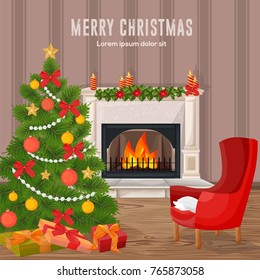 Happy Holidays card Winter fireplace chimney and Christmas tree Vectors