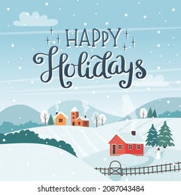 Happy holidays card - Winter landscape with trees, fields, houses. Vector illustration in flat style