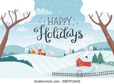 Happy holidays card - Winter landscape with trees, fields, houses. Vector illustration in flat style