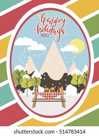 Happy Holidays card with winter landscape. BBQ invitation card. Vector illustration