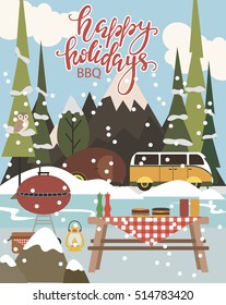 Happy Holidays card with winter landscape. BBQ invitation card. Vector illustration