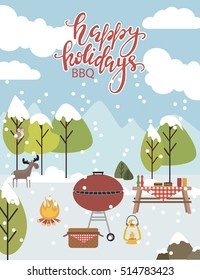 Happy Holidays card with winter landscape. BBQ invitation card. Vector illustration