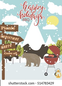 Happy Holidays card with winter landscape. BBQ invitation card. Vector illustration