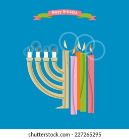 Happy Holidays. Cards with Christmas and Hanukkah candles. Vector illustration.