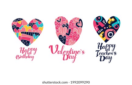 Happy Holidays Cards Set, Birthday, Valentine, Teachers Day Banner, Flyer, Invitation Design Cartoon Vector Illustration