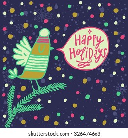 Happy holidays cartoon card in vector. Cute bird in a hat on fir tree branch in bight colors