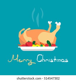 Happy Holidays Cartoon flat cooked roasted turkey Christmas on a plate with vegetables. Cartoon style vector Greeting Card