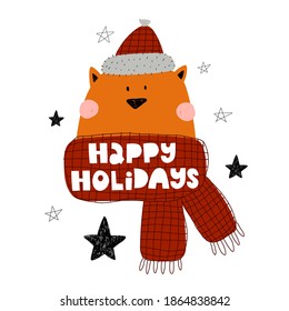 Happy holidays. Cartoon fox, hand drawing lettering. holiday theme. Colorful vector illustration, flat style. design for greeting cards, print, poster