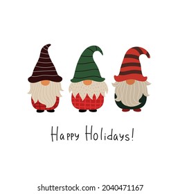 Happy holidays. Cartoon gnomes, hand drawing lettering. holiday theme. Colorful vector illustration, flat style. design for greeting cards, print, poster