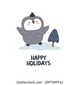 Happy holidays. Cartoon penguin, hand drawing lettering. Colorful vector illustration, flat style. design for greeting cards, print, poster