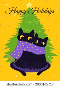 Happy Holidays. Cats keep warm together with a warm scarf against the background of a festive Christmas tree. New Year's bright yellow poster with animals. Vector.