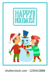 Happy holidays children making snowman vector. Boy in Santa Claus hat holding carrot nose of winter character. Girl putting scarf on man of snow, isolated