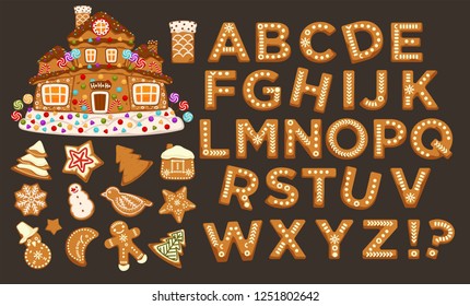 Happy holidays, Christmas abc letters font, graphic design vector. Signs in form of bakery with ginger, gingerbread man and star, house and pine tree, cookies set. Celebration alphabetical icons