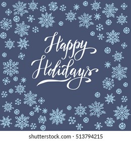 Happy Holidays, christmas background with snowflake frame, winter wreath, template for greeting card, invitation, poster.