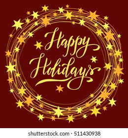 Happy Holidays, christmas background with stars wreath, vector frame, template for greeting card, invitation, poster.