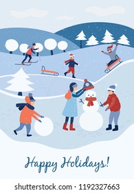 Happy holidays. Christmas card. Children make a snowman. Winter and kids. Vector illustration in cartoon and flat style.