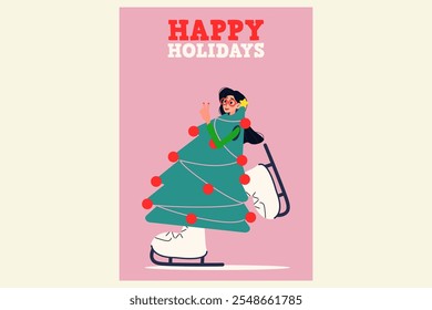 Happy holidays Christmas card. Girl in a Christmas tree costume skating. Flat vector illustration.