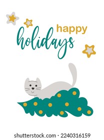 Happy holidays christmas card. Postcard with cat Christmas tree and stars. Cute pet is naughty. Funny design for new year vector illustration