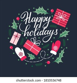 Happy Holidays. Christmas card. Vector illustration.