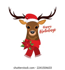 Happy Holidays Christmas cute deer icon vector. Deer with santa hat and red scarf graphic design element isolated on a white background. Christmas reindeer head drawing