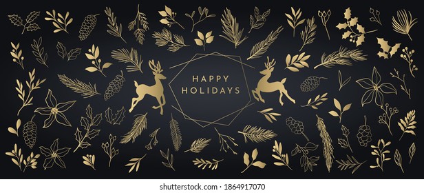 Happy Holidays and Christmas Golden icons set. Vector design Elements for  winter holidays greeting cards, New year wallpaper design. Vector illustration.
