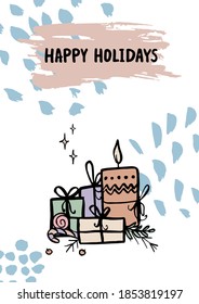 Happy holidays. Christmas greeting card. Lettering, candles, gifts, candy, snow. In a cartoon style. Hand drawn. Vector. On a white background. Cute postcard for the New Year. For designs, prints.