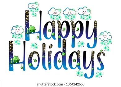 Happy Holidays. Christmas greeting card element. Xmas label using emoticons. Winter night sky gradient characters. Glitter stars and sparkling pattern snow sticker. Vector illustration for story books