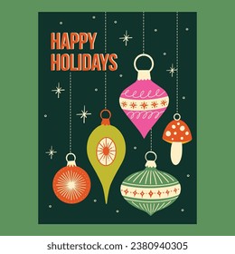 Happy holidays Christmas greeting card, Merry Christmas postcard, Xmas balls vector illustration with baubles, hanging ornaments decorations elements