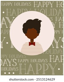 Happy Holidays Christmas greeting card with young man avatar. Black man with brown curly hair, wearing striped sweater or sweatshirt. Vector people character illustration. Cartoon minimal style