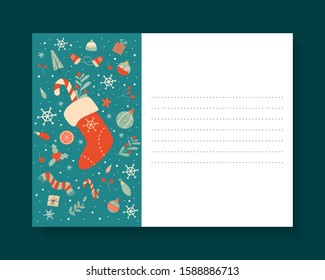 Happy holidays christmas postcard with christmas stocking with candy cane, holly and snowflakes. New year invitation and greeting card, prints, tag. Set of vintage elements for poster, flyer, calendar