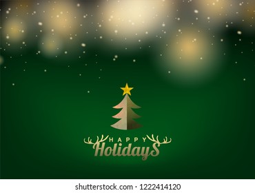 happy holidays and christmas tree on green background with snow, vector eps 10