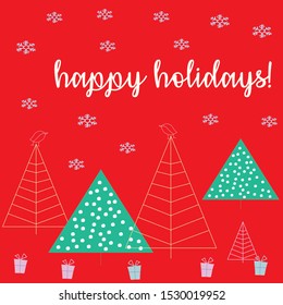 Happy holidays christmas trees greeting card flyer with presents and gifts vector and editable