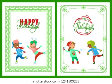 Happy holidays, Christmas vacations of children vector. Kids playing snowball fight and figure skating on ice rink. Winter hobbies and child pastime