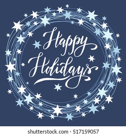 Happy Holidays, christmas vector background with star frame, winter wreath, template for greeting card, invitation, poster.