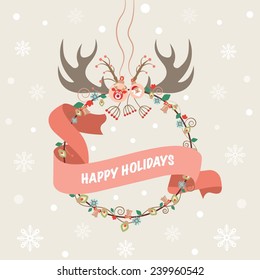 Happy Holidays and Christmas vintage greeting card with long narrow red ribbon and deer antler. Vector illustration for banner, poster, wallpaper or invitation