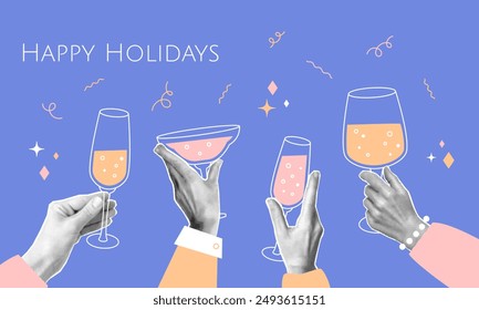 Happy holidays collage with halftone hands holding champagne, wine, cocktail glass. Doodle confetti, stars. New Year greeting banner, cheers concept, Christmas celebration vector illustration