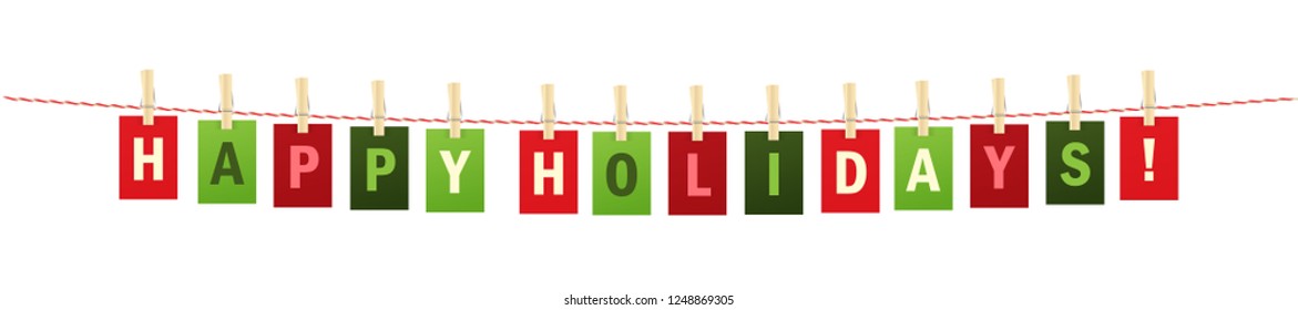 HAPPY HOLIDAYS colorful letters pinned to string with pegs