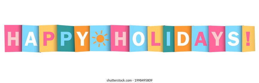 GLÜCKLICHE URLAUB! bunter Vektorgrafik-Banner mit Sonnensymbol auf weißem Hintergrund