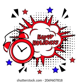 Happy Holidays comic text pop art . Stylish colorful retro comic speech bubble. Expression text Happy Holidays. Perfect for sales discount banner, poster. Vector Christmas illustration in retro comic 