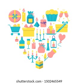 Happy holidays concept banner in flat style. Colorful poster with celebration symbols including candles and gift boxes. Vector illustration.