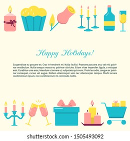Happy holidays concept banner in flat style with place for text. Bright poster with candles and gift boxes. Vector illustration.