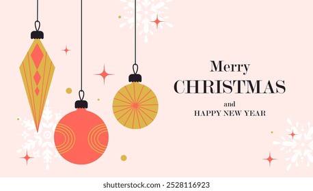 Happy Holidays Concept. Christmas Background in Minimalist Style. Modern Vector Illustration with Ornaments and Festive Typography.