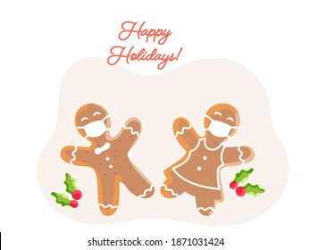 Happy Holidays Concept With Couple Gingerbread Wear Face Mask And Holly Berry On White Background.