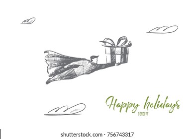 Happy holidays concept. Hand drawn superhero with festive box in hand. Flying man holds big present - surprise for celebration isolated vector illustration.