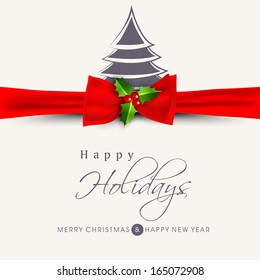 Happy Holidays concept with stylish Xmas tree and red ribbon on abstract background.