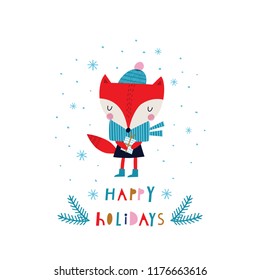 Happy holidays. Creative hand drawn card for winter holidays with cute fox. Vector cartoon illustration. Hand drawn typography poster. Xmas design. Bright colors