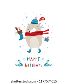 Happy Holidays. Creative hand drawn card for winter holidays with cute bear. Vector cartoon illustration. Hand drawn typography poster. Xmas design. Bright colors