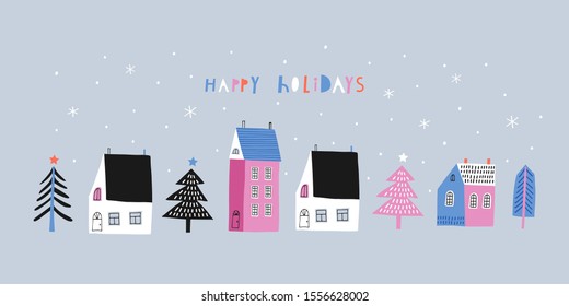 Happy Holidays. Creative hand drawn card for winter holidays with Christmas trees and houses. Vector cartoon illustration. Hand drawn typography poster. Xmas design. Bright colors: orange, pink, blue