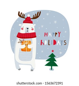 Happy Holidays. Creative hand drawn card for winter holidays with cute bear. Vector cartoon illustration. Hand drawn typography poster. Xmas design. Bright colors