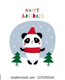 Happy Holidays. Creative hand drawn card for winter holidays with cute panda. Vector cartoon illustration. Hand drawn typography poster. Xmas design. Bright colors